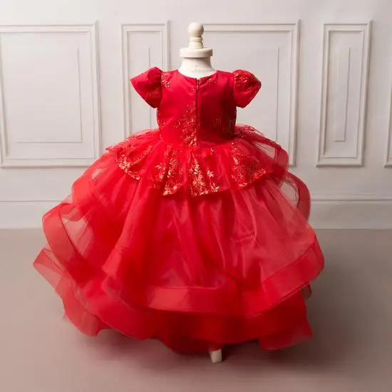 Robe de bal en dentelle et Organza pour filles, tenue de fête d'anniversaire, manches bouffantes, première Communion