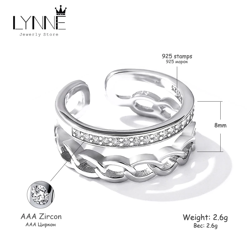 Fashion Creative Link Chain Features Double Layers Rings 925 Sterling Silver Rhinestone Resizable Ring Women Trend Party Jewelry