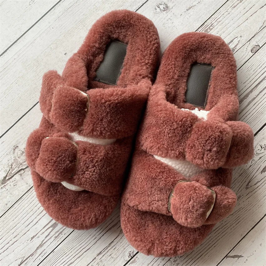 New Women\'s Real Wool Slipper Feminino Winter 2024 Brand Sheepskin Fur Short Plush Warm Flats Slippers Plaform Shoes Flip Flops