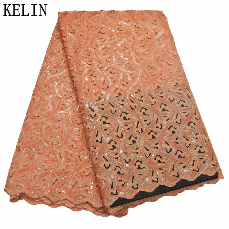 High quality peach African handcut double organza lace fabric with allover sequins embroidery for dress   OLP-105