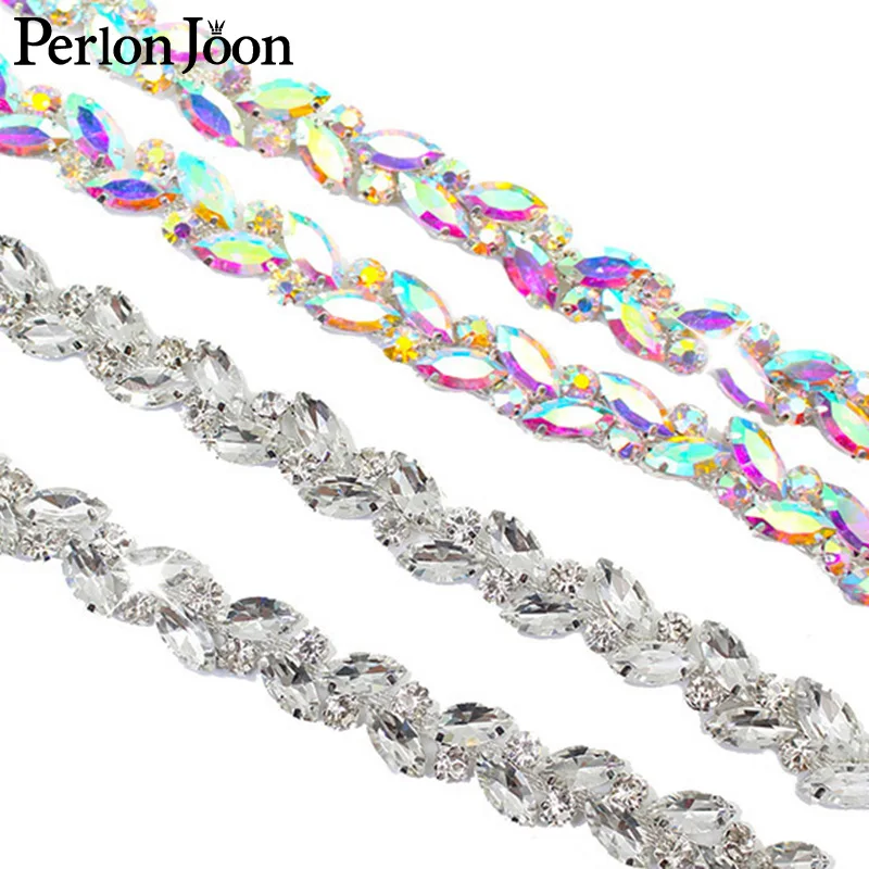 1 yard leaves AB color glass crystal chain rhinestone trim plat silver crystal chain decoration wedding dress accessories ML108