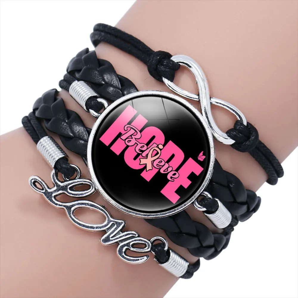 New Pink Ribbon Glass Cabochon Charm Leather  Bracelets Faith Hope Cure Inspirational Bangle Breast Cancer Awareness Jewelry