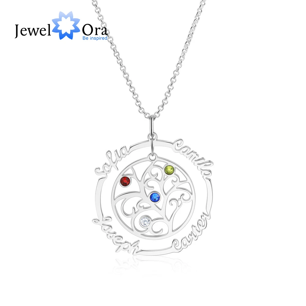 JewelOra 925 Sterling Silver Personalized Family Tree Necklace with 4 Birthstones Custom Name Pendant Jewelry Mothes Day Gifts