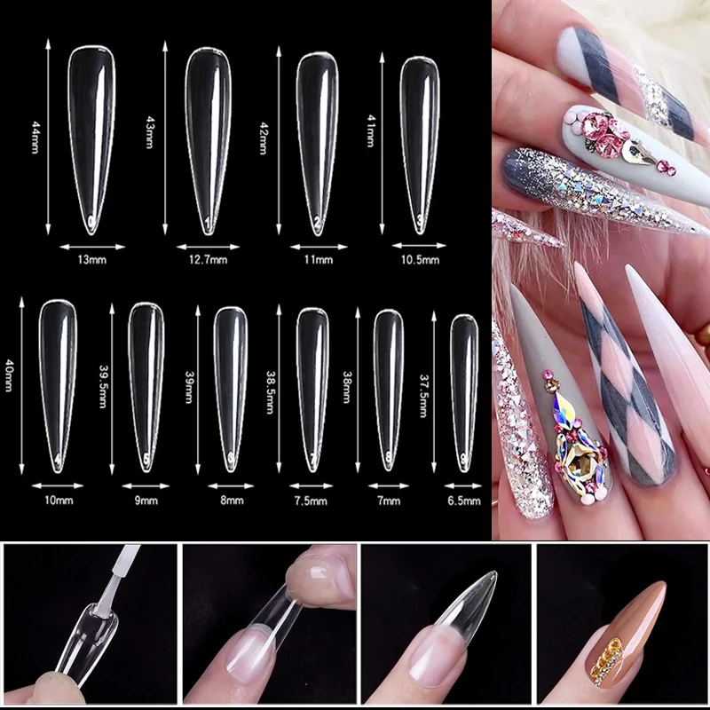 500 Pcs/bag Extra Long Stiletto Nail Tips XXl Sharp False Nail Tips 10 Sizes Acrylic Fake Nails DIY Nail Manicure Salon Tools