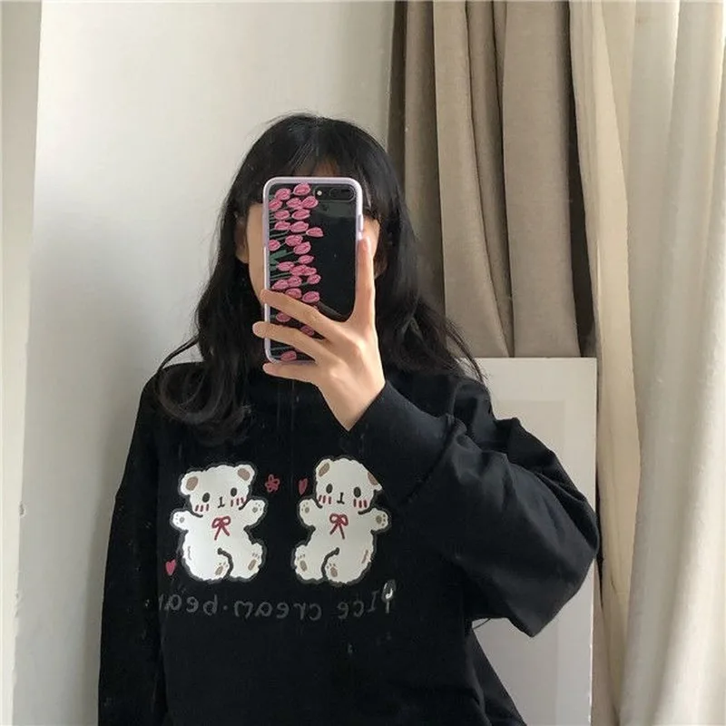 Hoodies Women Lovely Cartoon Simple Soft Loose O-neck Schoolgirls Kawaii Clothes Daily Casual All-match Popular Femme Sweatshirt