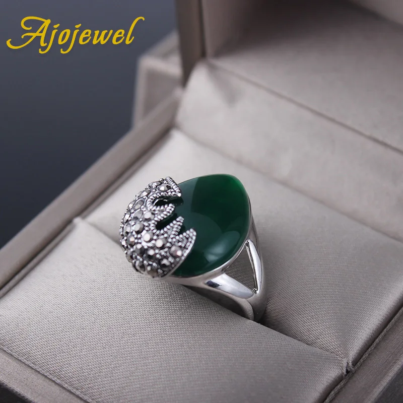 Ajojewel Vintage Black Rhinestone Women Ring Green Resin Stone Jewelry Anelli Donna