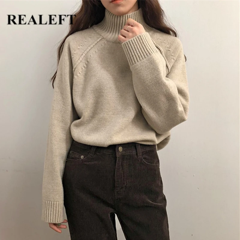 REALEFT Warm Long Sleeve Turtleneck Vintage Sweaters for Women Elegant Minimalist Solid Color Casual Loose Lady Jumpers 2021 New