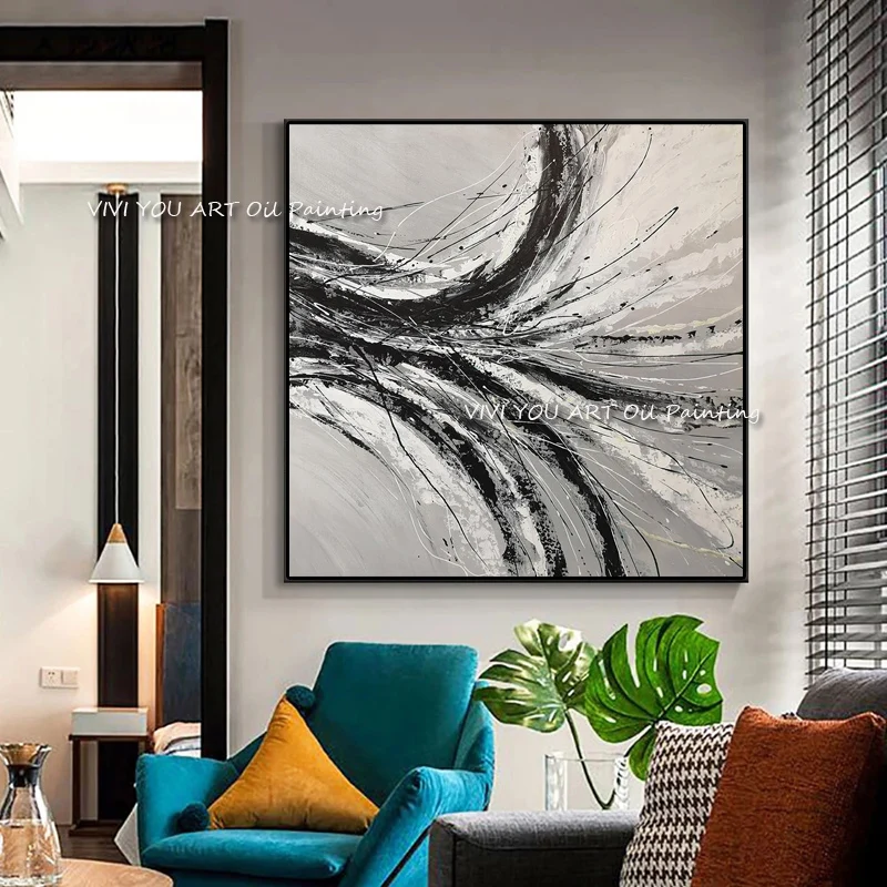 The Handmade Black White Line Brush Abstract Oil Painting On Canvas Picture For Home Decor Modern Arts  No Framed Artworks