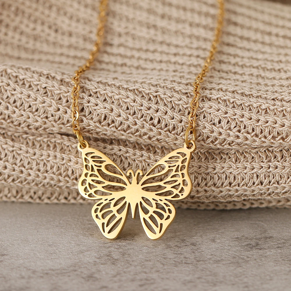 Stainless Steel Necklaces Lovely Gold Silver Color Butterfly Pendant Collar Chain Necklace For Women Jewelry Party Friends Gifts