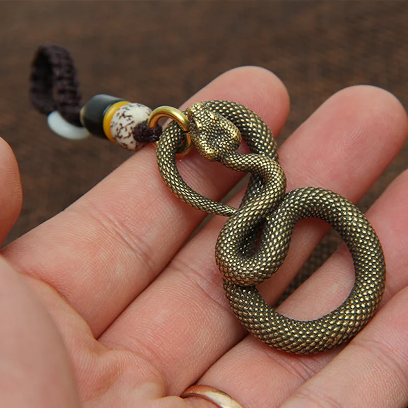 Vintage Copper Zodiac Snake Key Chain Pendants Jewelry Pure Brass  Animal Cobra Keychain Hanging Lanyard Keyring DIY Charms Gift