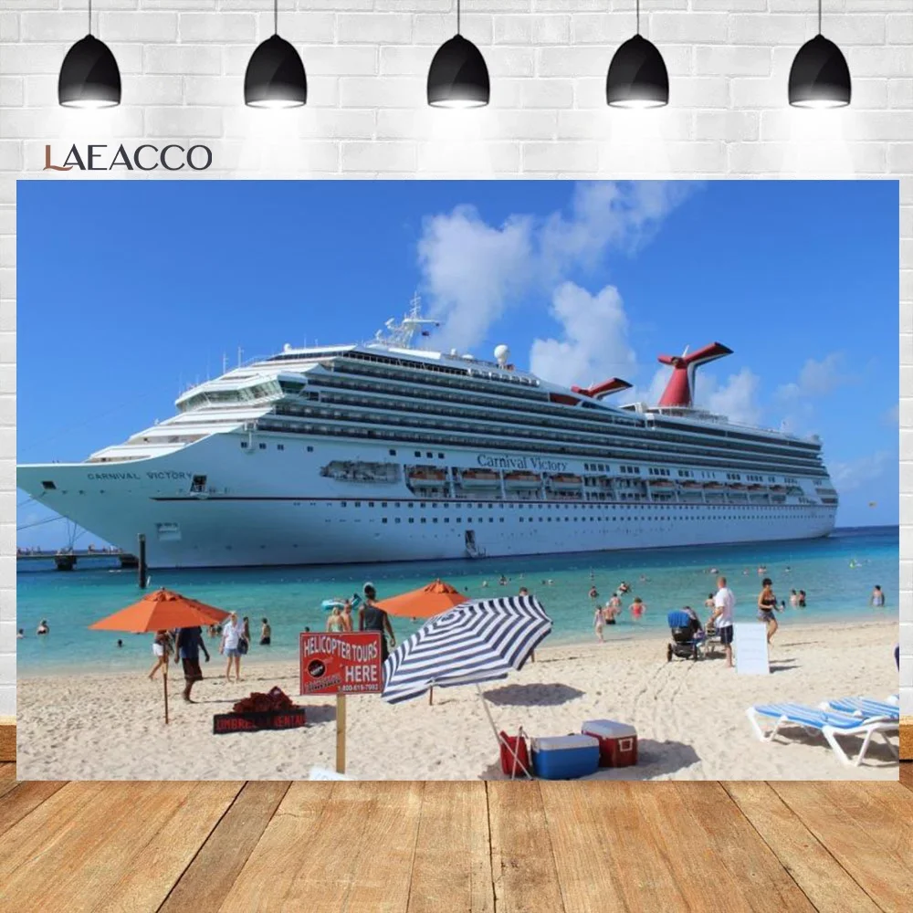 Laeacco-여름 해변 장면 사진 배경, 크루즈 선박 코코넛 나무 경치 좋은 배경 사진 스튜디오