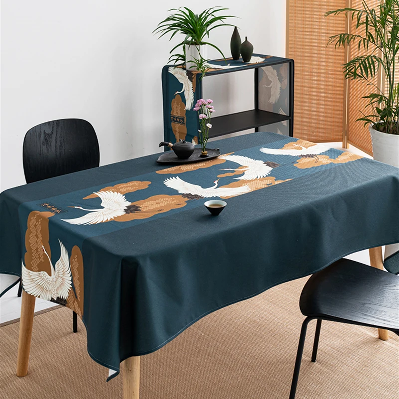 Japanese Tablecloth Simple Crane Home Waterproof Oil-Proof Wash-Free Cotton Linen Table Cloth Chinese Cabinet Tablecloth Custom