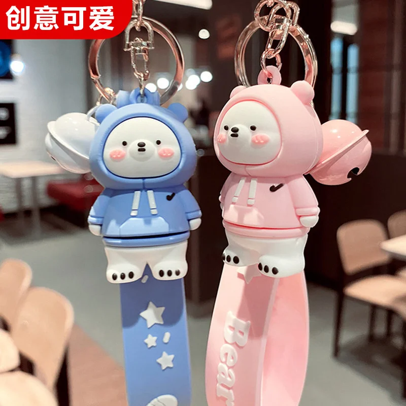 PVC Polar Bear Metal Keychain Pink Blue Hoodie Bell Pendant Cute Bag Car Keyring Jewelry Fox Lanyard Men Women Couple Gift