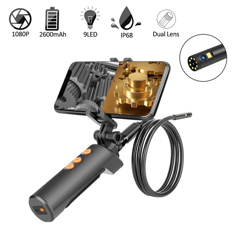 1080P 8MM Portable Dual Lens Handheld Endoscope Snake Tube Industrial Inspection Camera With 2600mAh 9 LED IP68 Waterproof Cam