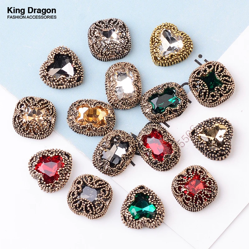 King Dragon Glass Antique Rhinestone Heart Embellishment Button Used On Decoration 15MM 5PCS/Lot Flat Back Antique Gold Color