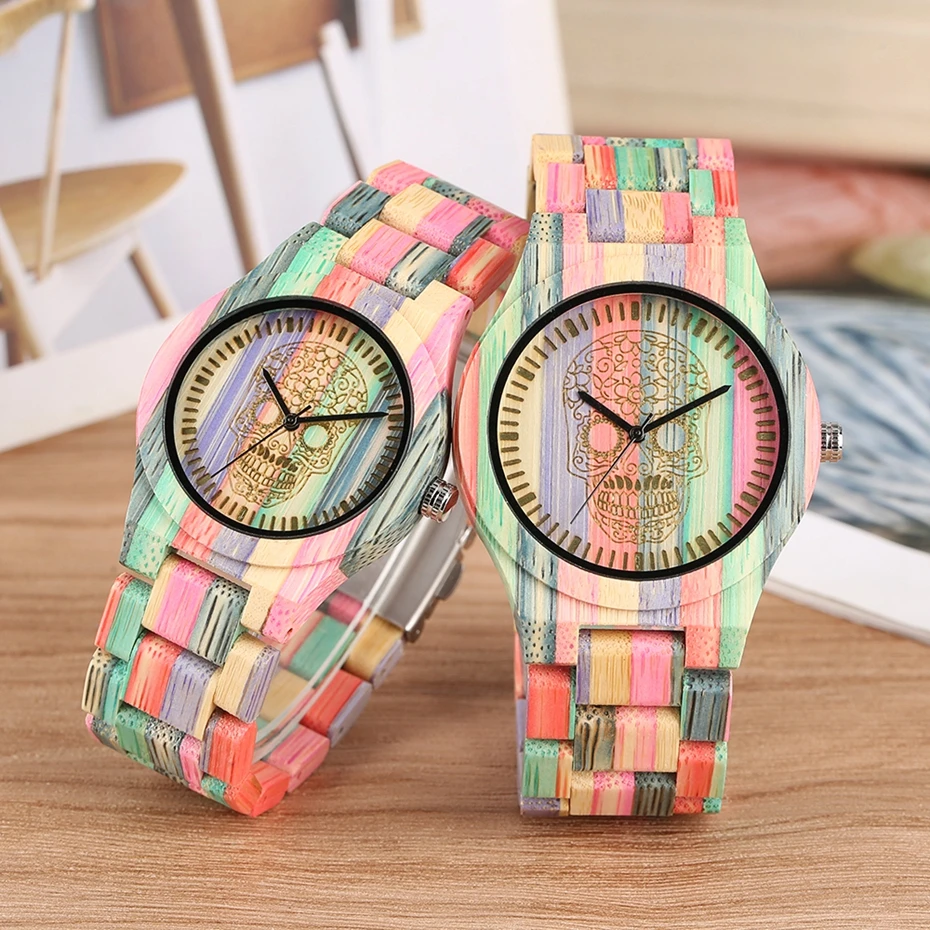 Top Luxury Skeleton Pattern Dial Wooden Watches Colorful Bamboo Wood Band Men Women Bangle Quartz Wrist Watch Couple Lovers Gift