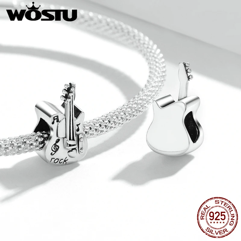 WOSTU 925 Sterling Silver Vintage Bass Violin Music Guitar Charms Beads Pendant Fit Original Bracelet Necklace For Women Jewelry