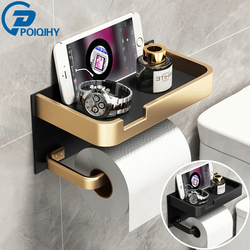 Black Golden Paper Holder Wall Mounted Bathroom Accessories Phone Rack Toilet Shelf Space Aluminum Towel Rack Tissue Boxes Black