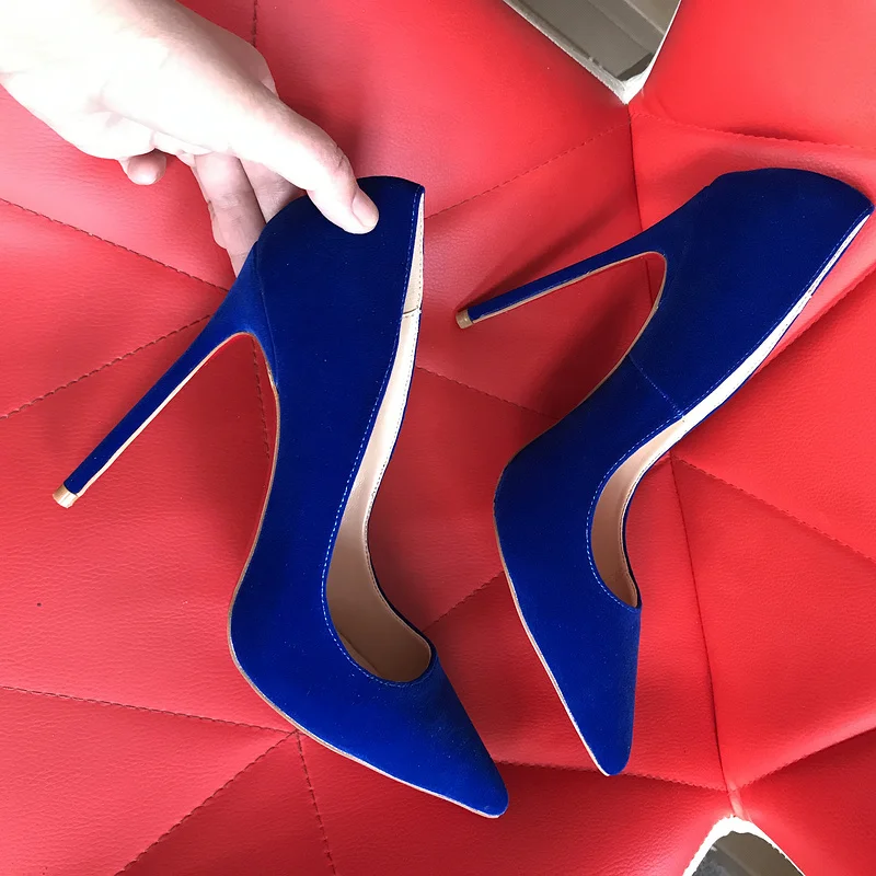 Luxury Heels Pumps Pointed Toe High Heels Women Blue Suede Shoes 8cm 10cm 12CM Stiletto Shoes Woman Zapatos Mujer Wedding Shoes