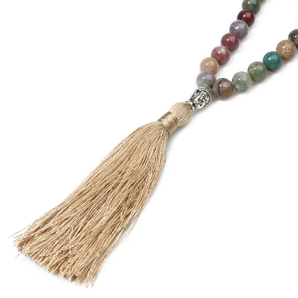 8mm Natural Indian Agate Beaded Buddha Head Necklace 108 Japa Mala Meditation Yoga Peaceful Jewelry Men\'s and Women\'s Amulet