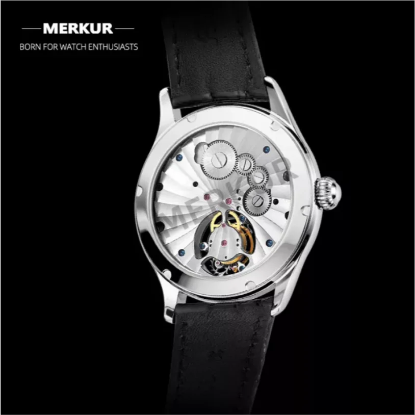 Vintage Style Flying Tourbillon MERKUR Genuine Mechanical Skeleton Mens Watch Complicated Luxury Alligator Strap Relogio