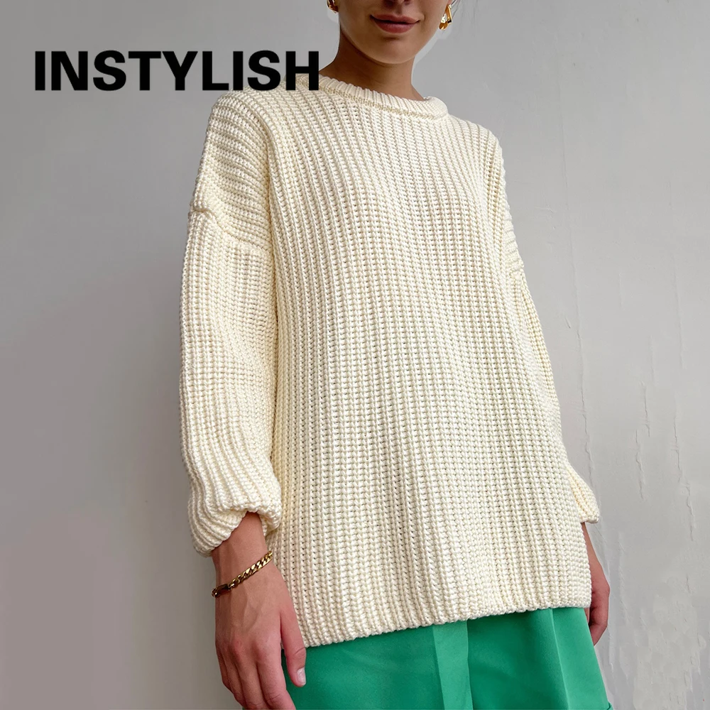 Instylish Long Sleeve O Neck Loose Sweater Elegant Solid Thick Oversized Pullover Vintage Cashmere Knitted Tops Harajuku Jumpers