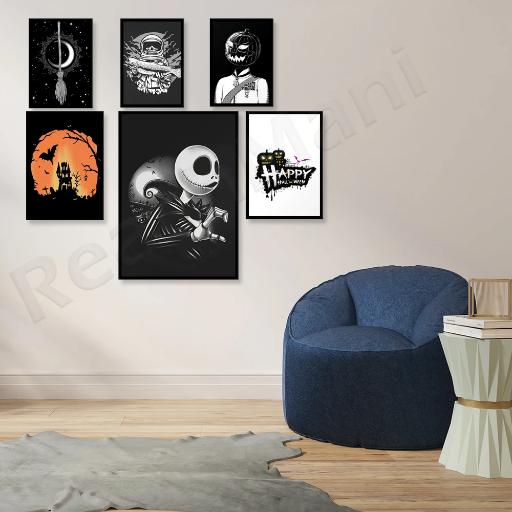 Witch wall art, halloween wall art decoration, black and orange decoration, skull prints, ghost decoration halloween poster
