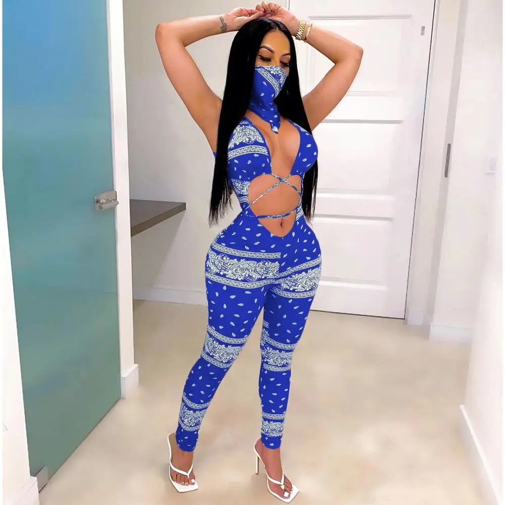 Women Summer Sport Sexy Lace Up Party Club Bandanna Print Cut Out Front Bodycon Jumpsuit with Face Towel Two Piece Set Rompers