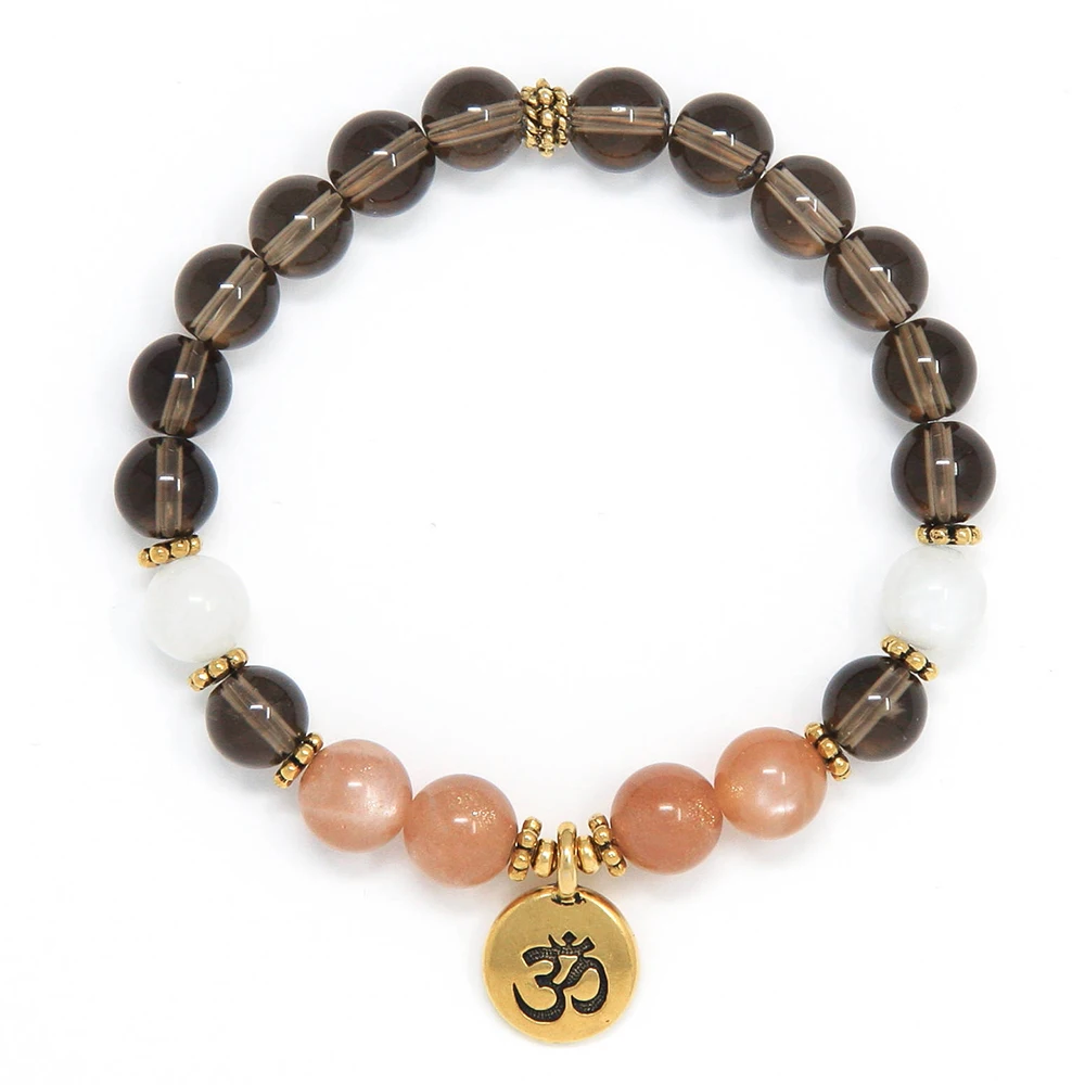 Wholesale AAA Grade Smoky Quartz Sunstone Lotus Bracelet Women`s Energy Yoga Mala Bracelet Heart Spiritual Chakra Bracelet