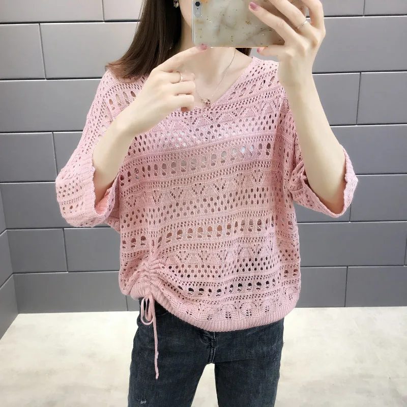 

Hollow Out Summer Knitted Women Pullover Short Sleeve O-Neck Fashion Pull Jumper Thin Female Pullovers Tops Sweater Femme Top