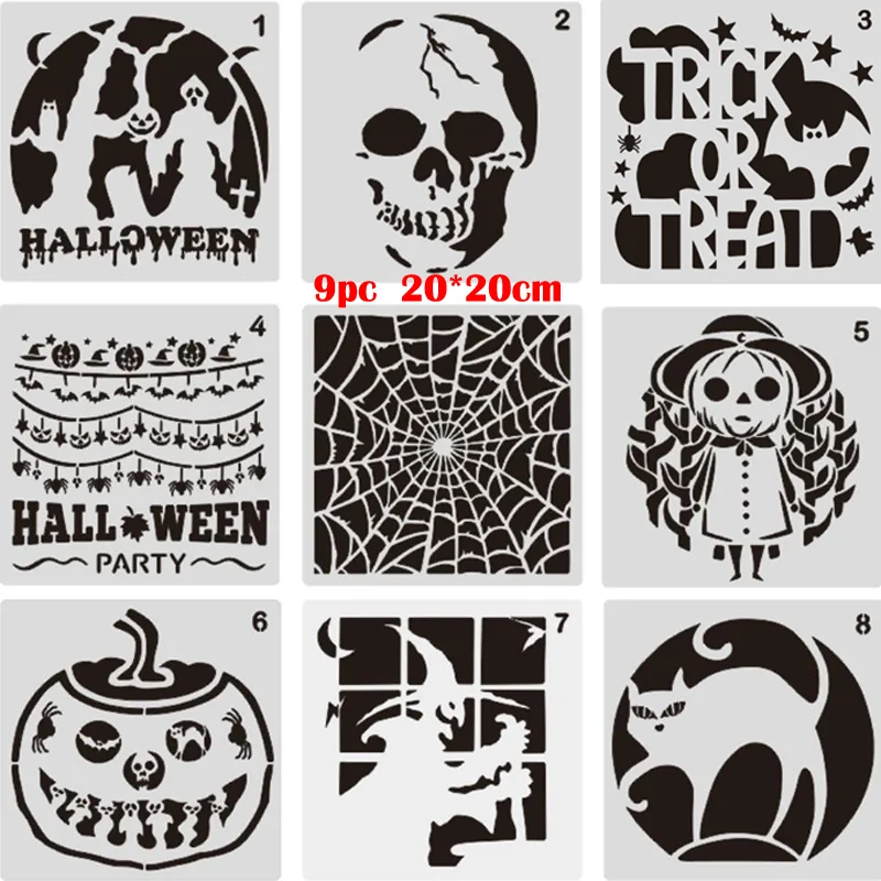 

9PC 20*20cm Halloween Hollow Graffiti Painting Template DIY Coloring Embossing Stencil Scrapbook Album Decoration Cake template