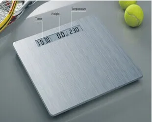 

Three-in-one brushed steel body electronic health scale time+temperature+weight