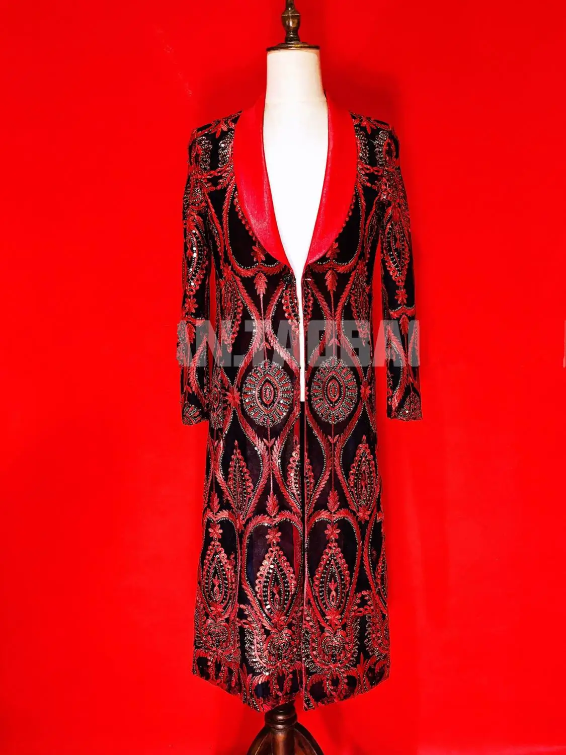 Customized High Quality Men's Sequin Extra Long Coat Embroidery Round Collar Singer Concert Stage Overcoat Host Guest Costume