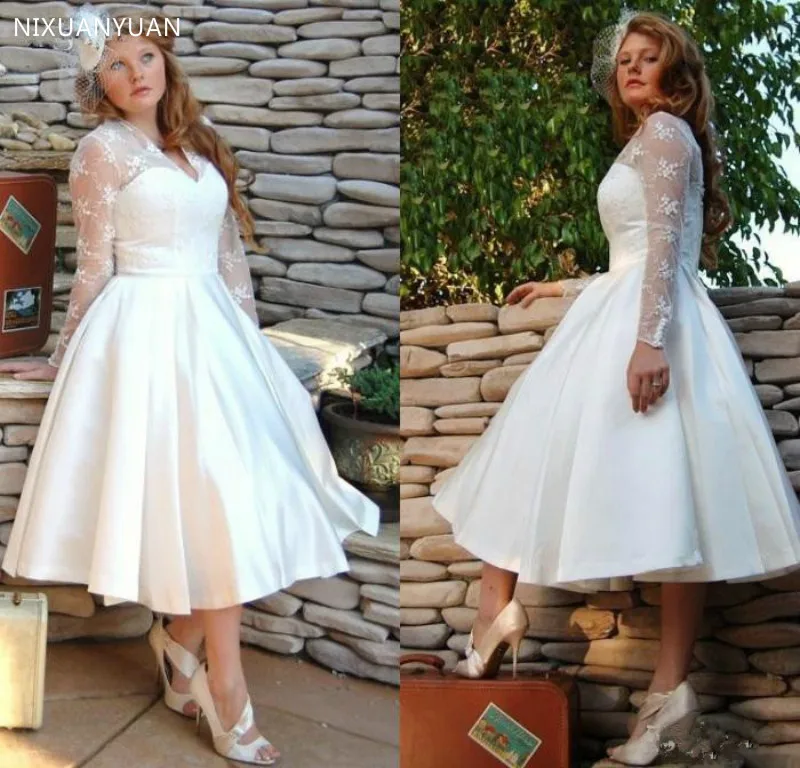 

Plus Size Garden V Neck Wedding Dresses Long Sleeves 2023 Tulle Stain A-line Lace Appliques Short Tea Length Bridal Gowns