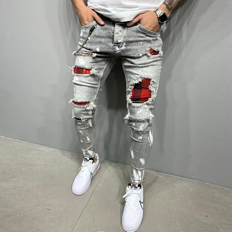 Men\'s Ripped Skinny jeans Patchwork Grid Stretch Casual Denim pencil Pants Man Fashion paint painting Jogging Trousers male