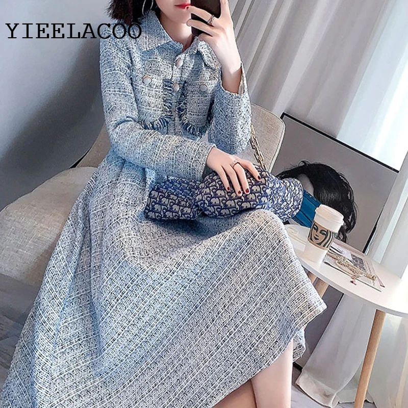 Small fragrance dress long-sleeved women\'s autumn 2021 new style waist a-line retro big swing dress light blue One-piece dress