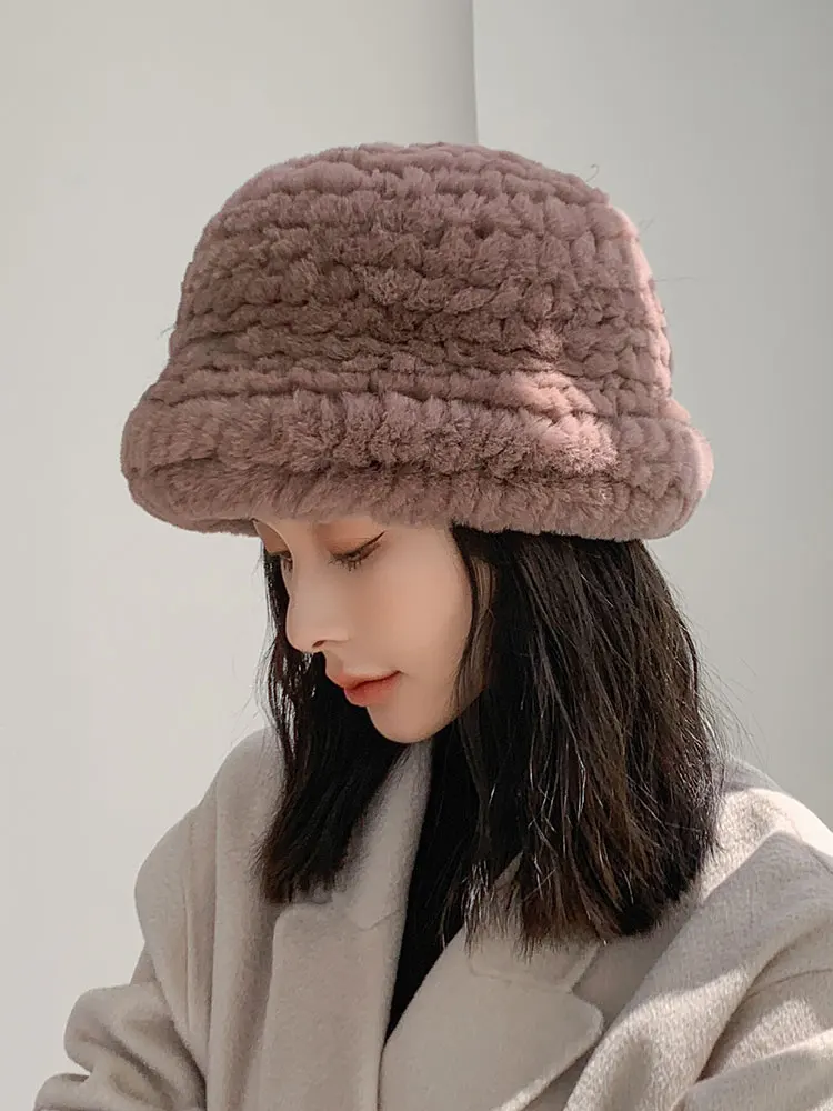 New Women Winter Fashion Knitted Real Rex Rabbit Fur Hat Warm Beanies Girls Quality Soft Bucket Hat