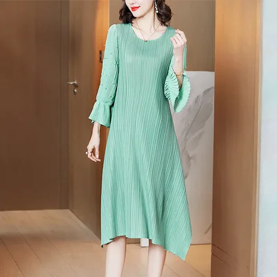 

HOT SELLING Miyake fashion thin dress solid Puff sleeve Beaded A-Line dress IN STOCK