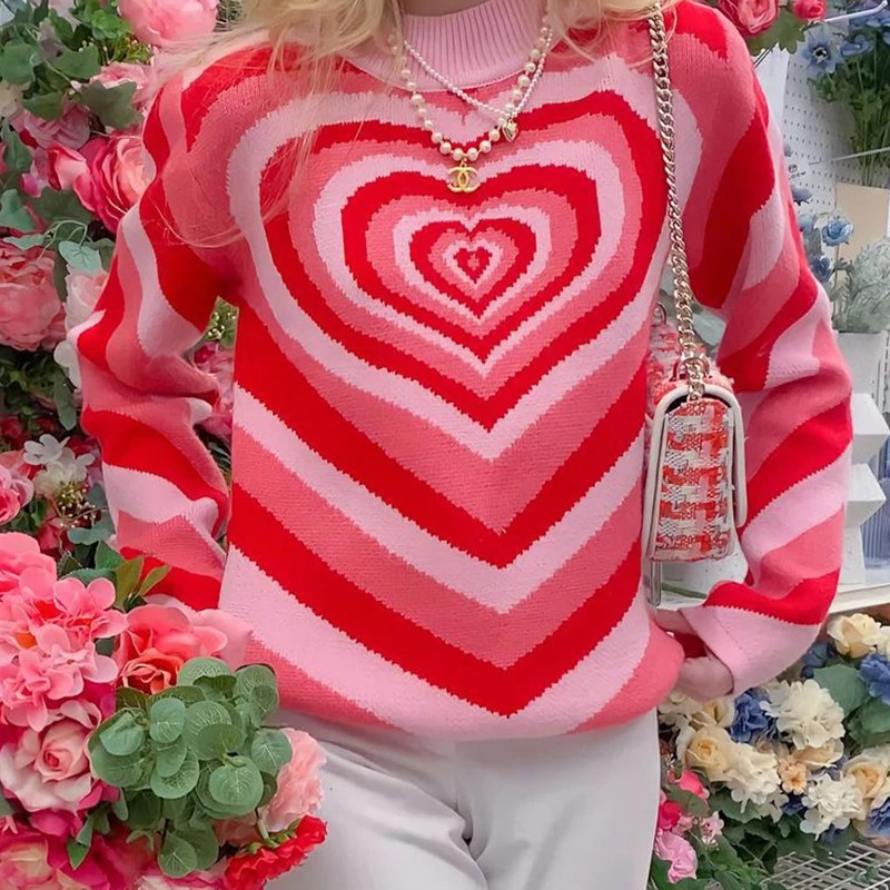 Y2K Knitted Sweater Women Heart Striped Long Sleeve Jumper Sweaters Aesthetics Girls Sweet Pullovers Streetwear Female Clothing