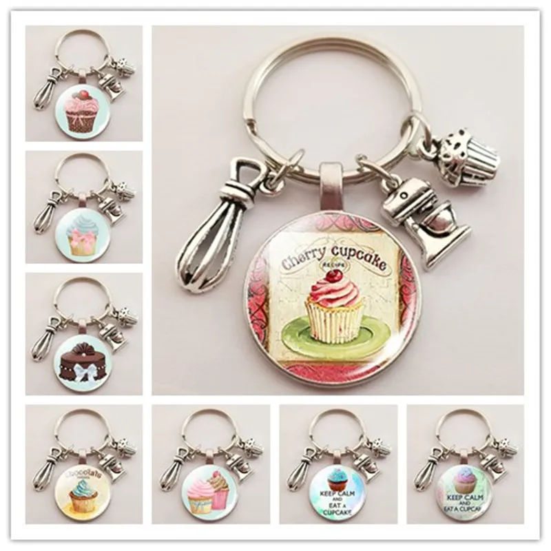 New cake cup keychain cute dessert glass convex round pendant metal keychain daughter cake shop handmade gifts for customers