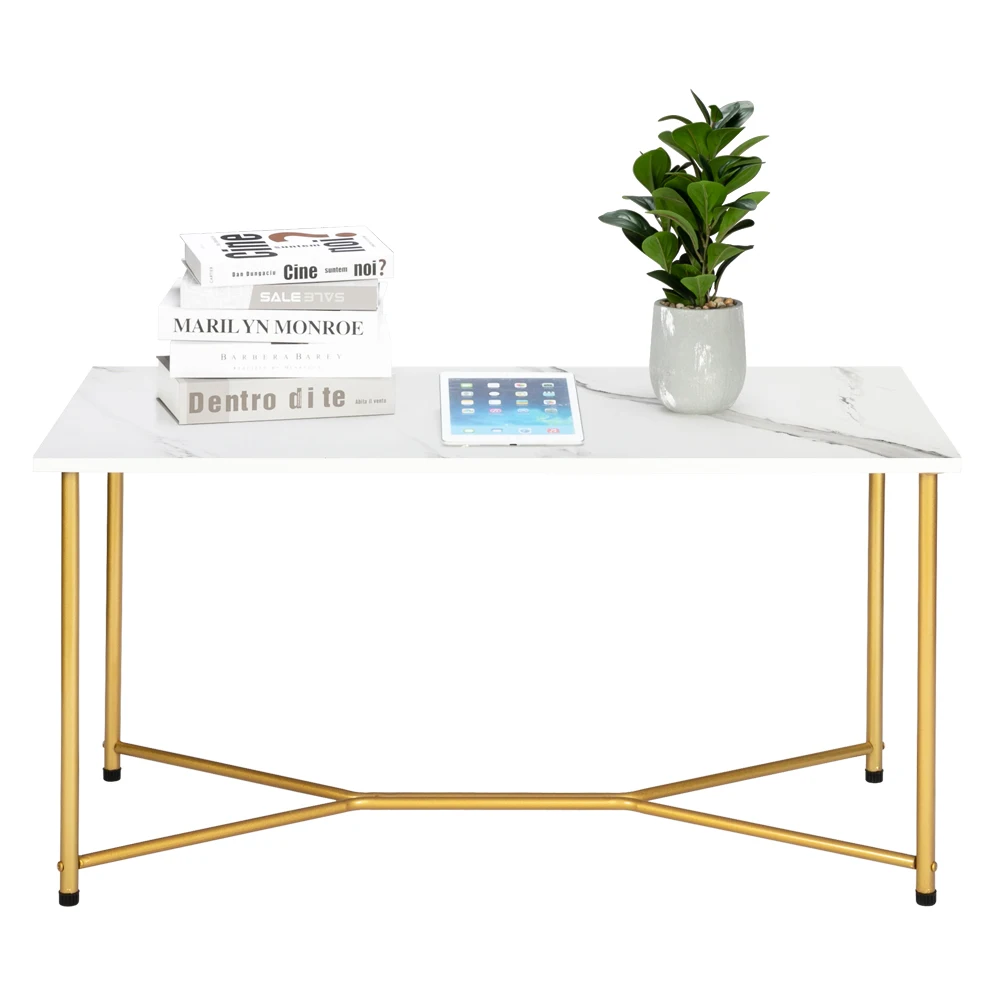 HODELY Single Layer 1.5cm Thick Density Board Imitation Marble Square Table Top Gold Foot Iron Coffee Table End Table Side Table