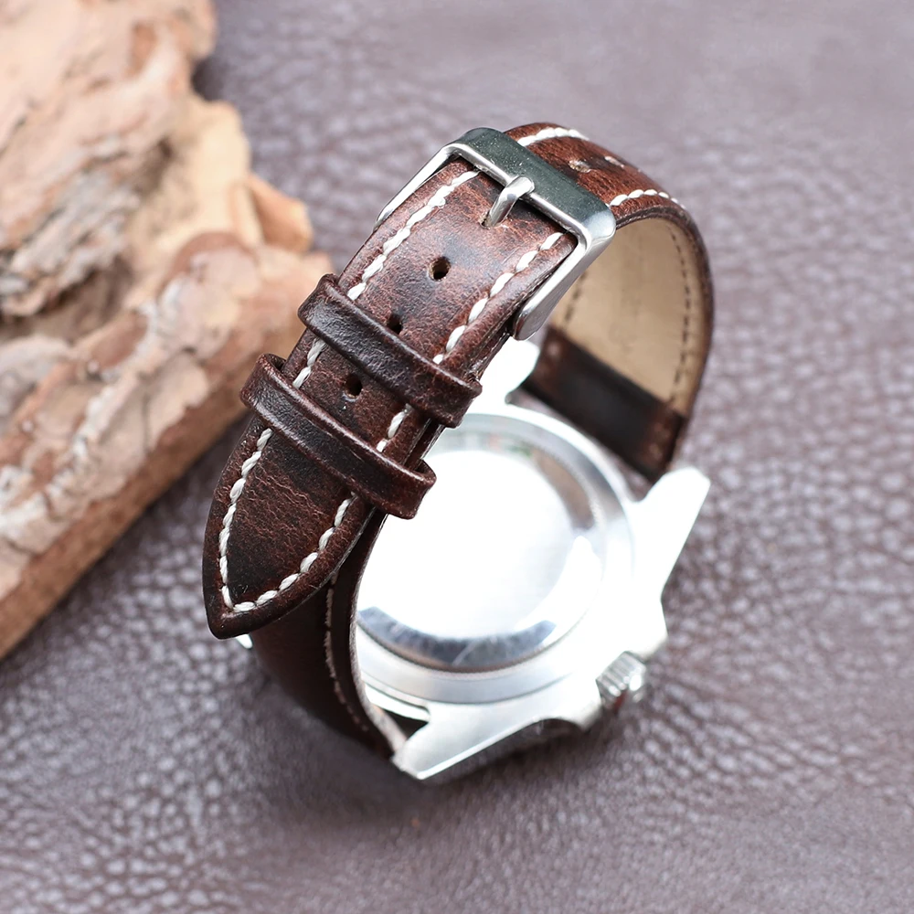 Retro Cowhide Watch Strap 20mm 22mm Red Brown Dark Coffee Half Arch Discolour Oil Wax Genuine Leather Watchband Replacement Belt