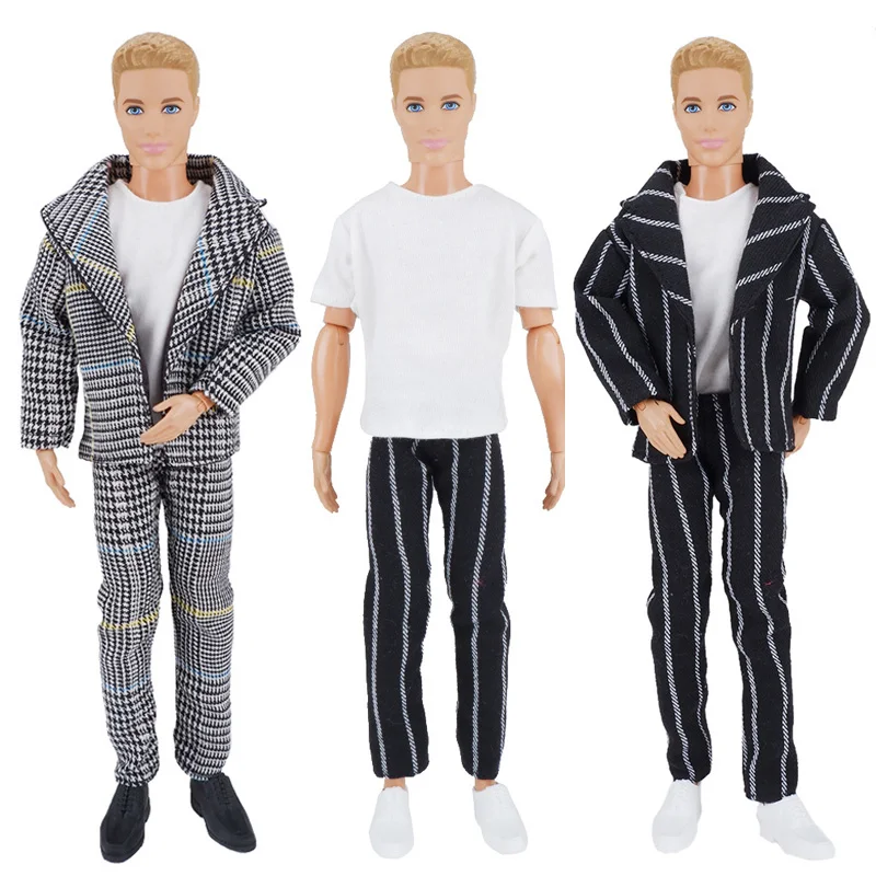 1set Ken Doll Cloth Boyfriend Ken Wedding Suit Black Gray Strap Coat Jacket Trousers T-shirt Ken Suits For 30CM Male Man Doll