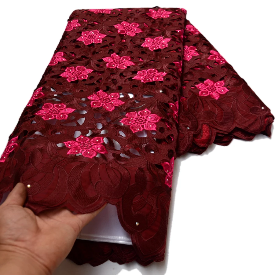 2023 Wine red Handcut holed high quality African embroidery lace fabric 5 Yards swiss voile lace for Wedding Clothes - S8971