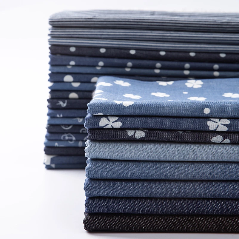 Summer Thin and Soft Cotton Printed Denim Fabric Clover Star Polka dots Stripe for Sewing Clothes Pants by the half Meter