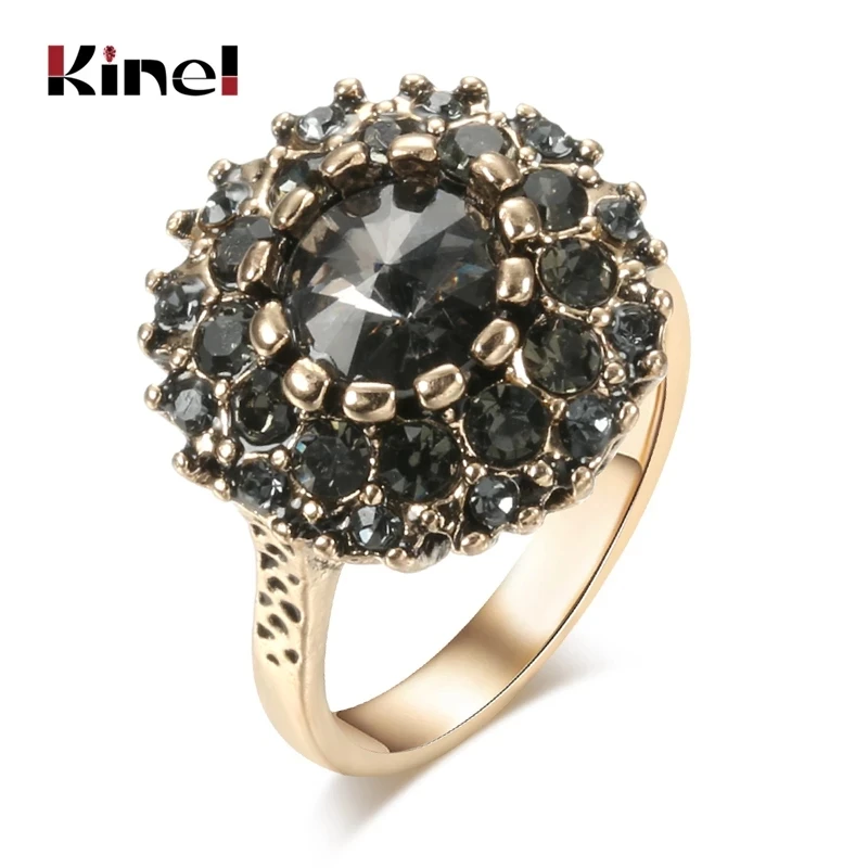 Kinel Luxury Vintage Ring Antique Gold Boho Gray Crystal Wedding Rings For Women Wedding Jewelery Bague Femme 2020 New