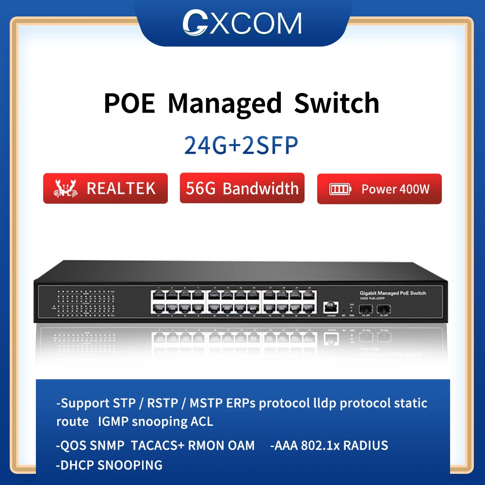 24 Port 10/100/1000Mbps Ports Managed POE Switch With 2 Gigabit SFP Slots 24 Gigabit switch