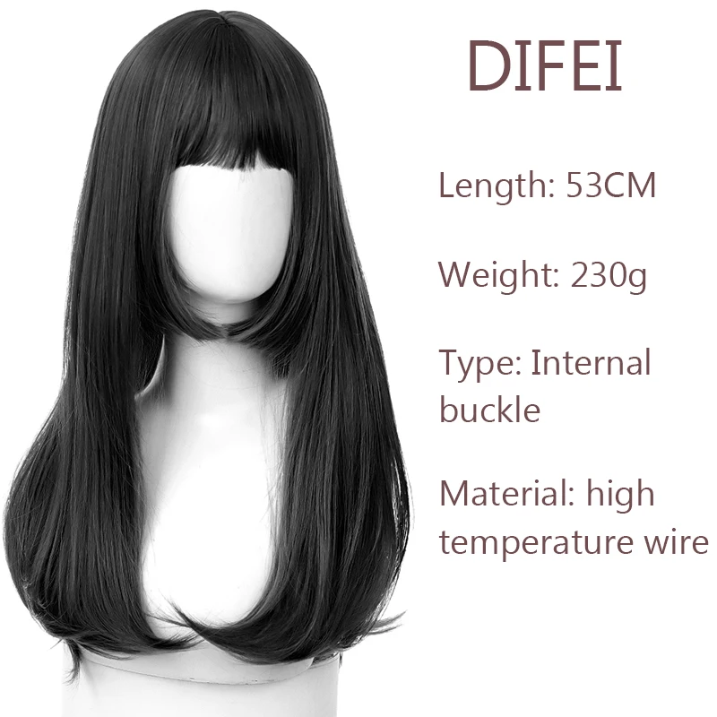 DIFEI Synthetic Long Straight Lolita Wig Pink Black Cute Female Heat Resistant Band Bangs Wig Anime Fake Hair