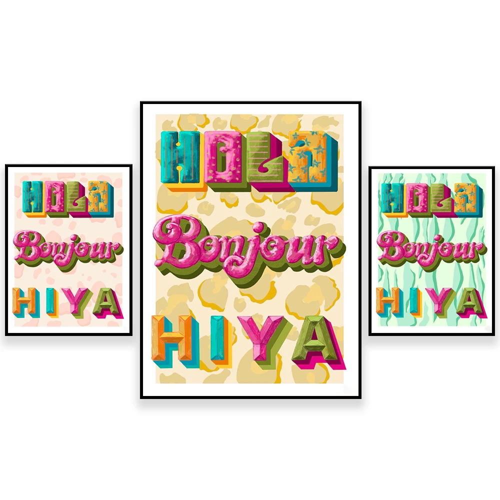 مرحبا بكم، صباح الخير، مرحبا يا ترحيب، Hola bonjour hiya ترحيب طباعة الممر مرحبا ملصق اقتباس انتقائي ملون