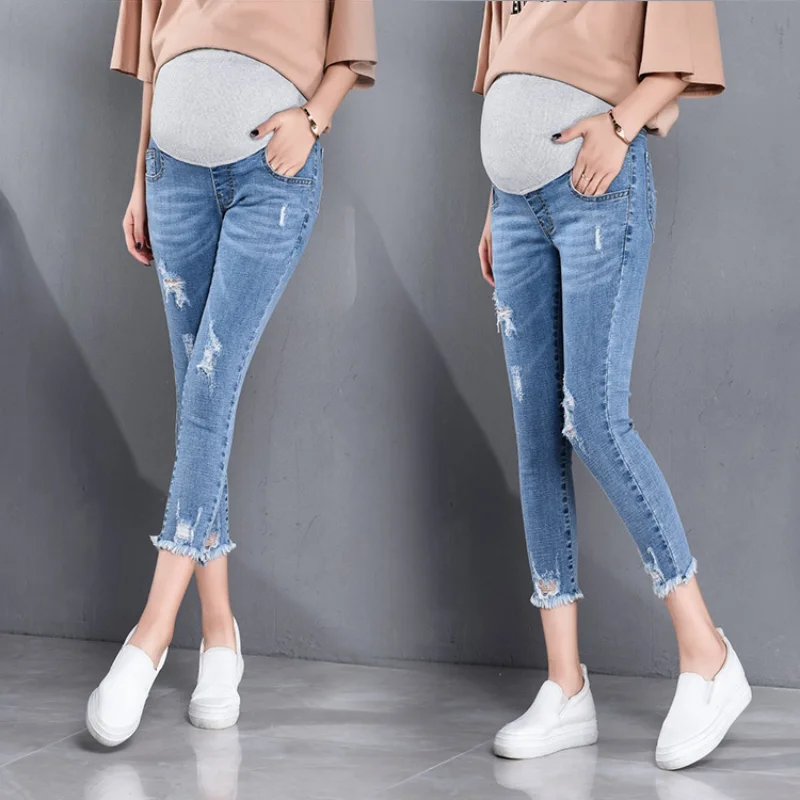 

Pregnant women's jeans, autumn style, stomach lift, nine-point pencil pants with small feet, stretch trousers